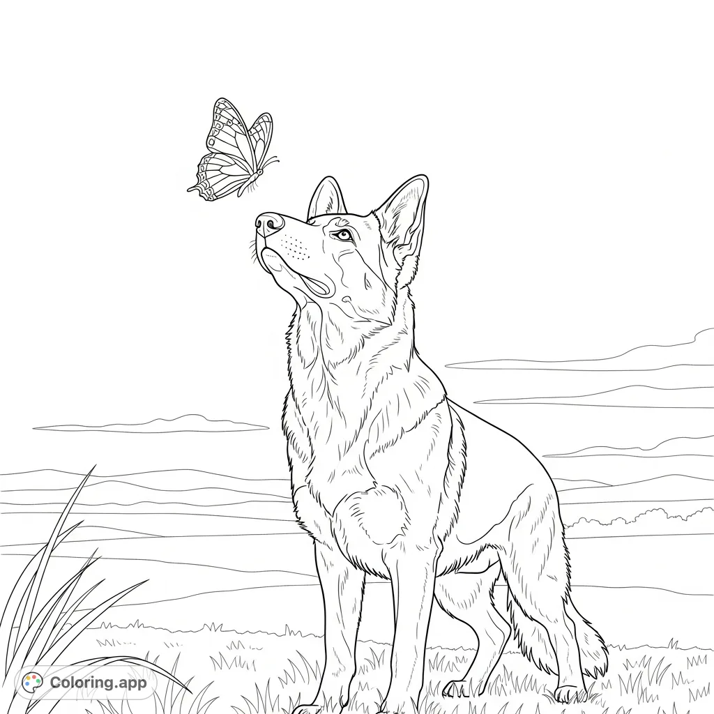 A charming coloring page featuring a German shepherd intently observing a delicate butterfly, set against a simple, open outdoor backdrop.