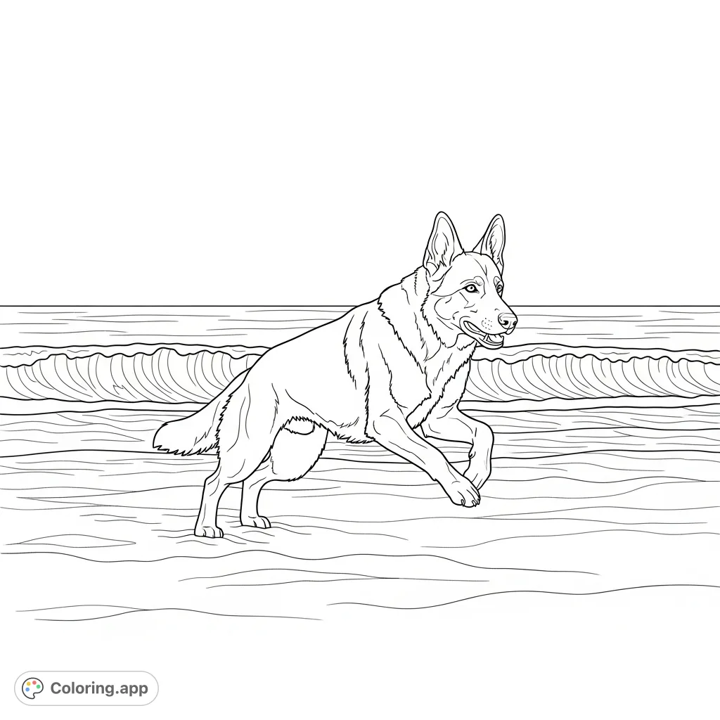 A dynamic coloring page featuring a German shepherd running joyfully on a simplified beach with rolling waves and textured sand. Perfect for dog lovers.
