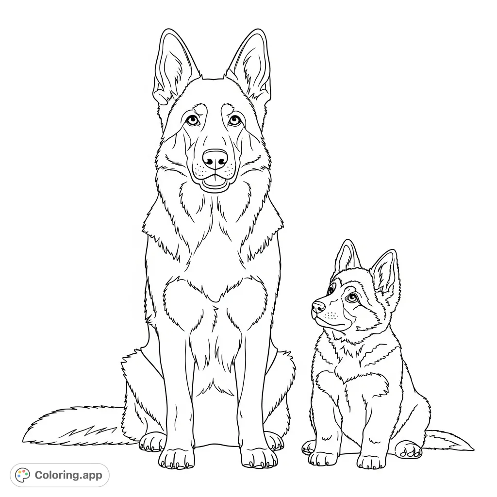A heartwarming coloring page featuring a proud German Shepherd parent and an adorable puppy. Capture their bond and distinctive features on a simple backdrop.