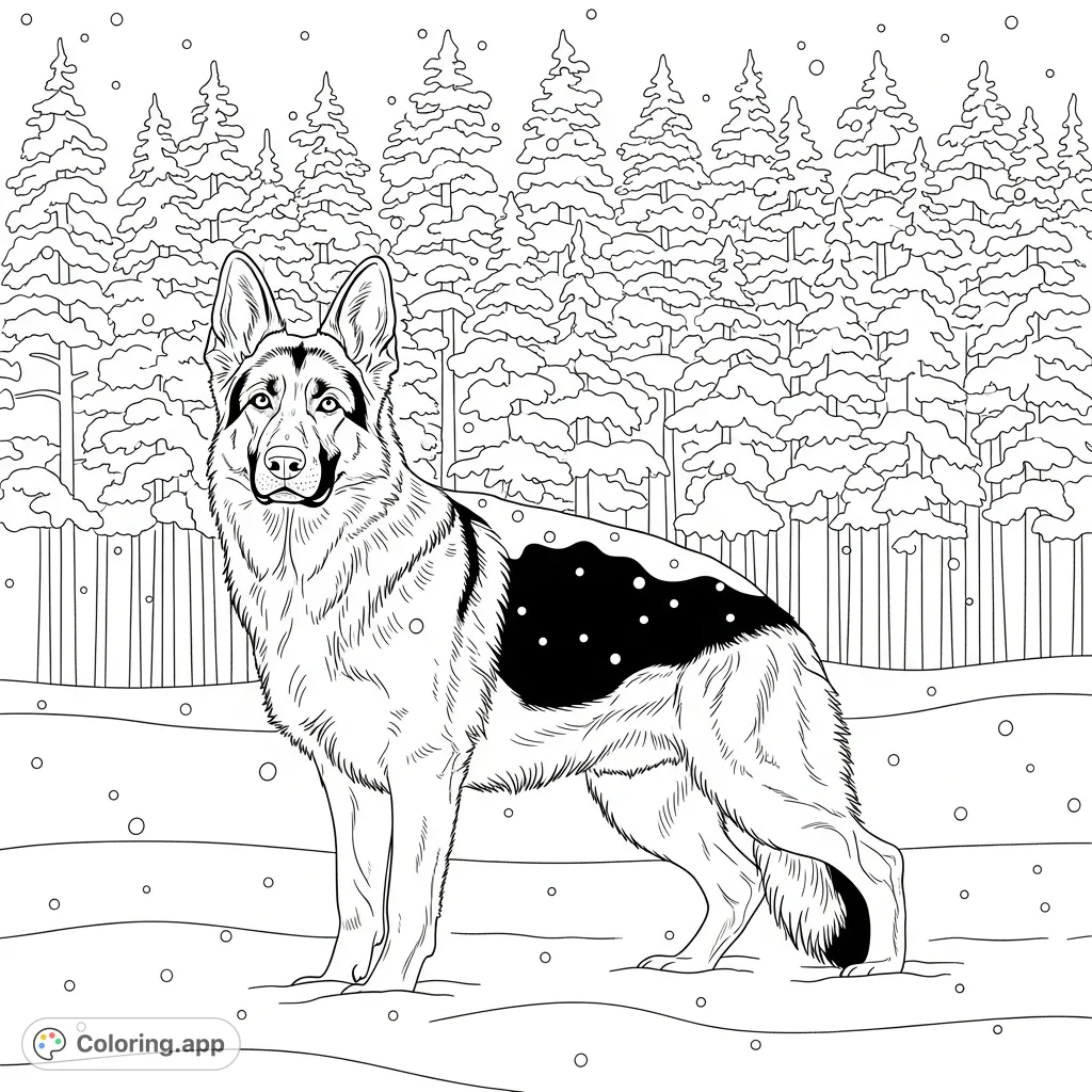 A detailed coloring page featuring a majestic German shepherd amidst a gentle snowfall, with a backdrop of snow-dusted pine trees.