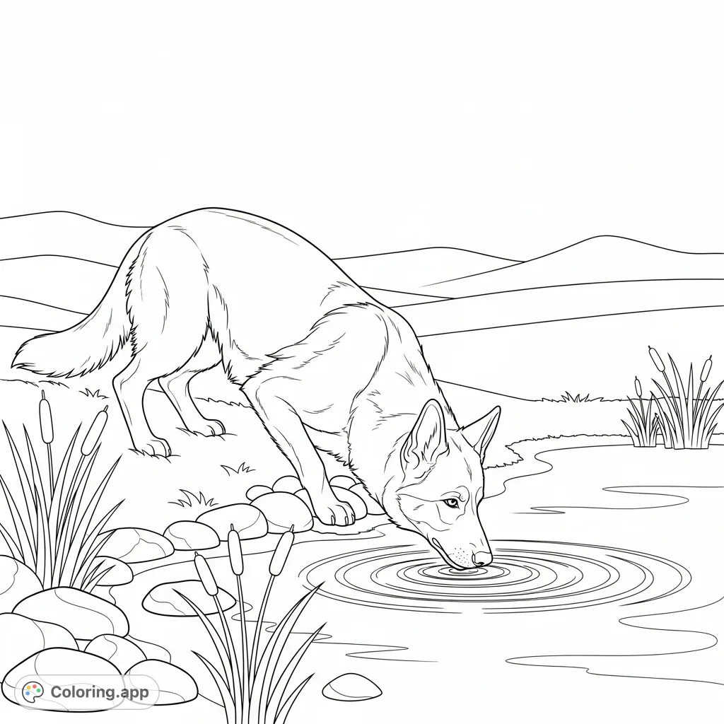 A calm German Shepherd drinks from a peaceful pond, creating gentle ripples. A serene nature scene for relaxation and creative coloring.