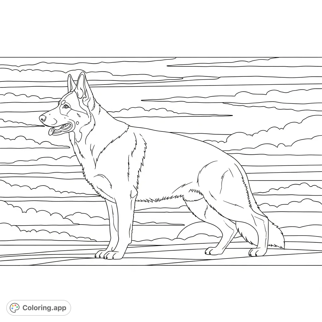 A stunning German Shepherd silhouette captured against a dramatic sunset sky, featuring bold outlines and vast cloud formations. Perfect for all ages.
