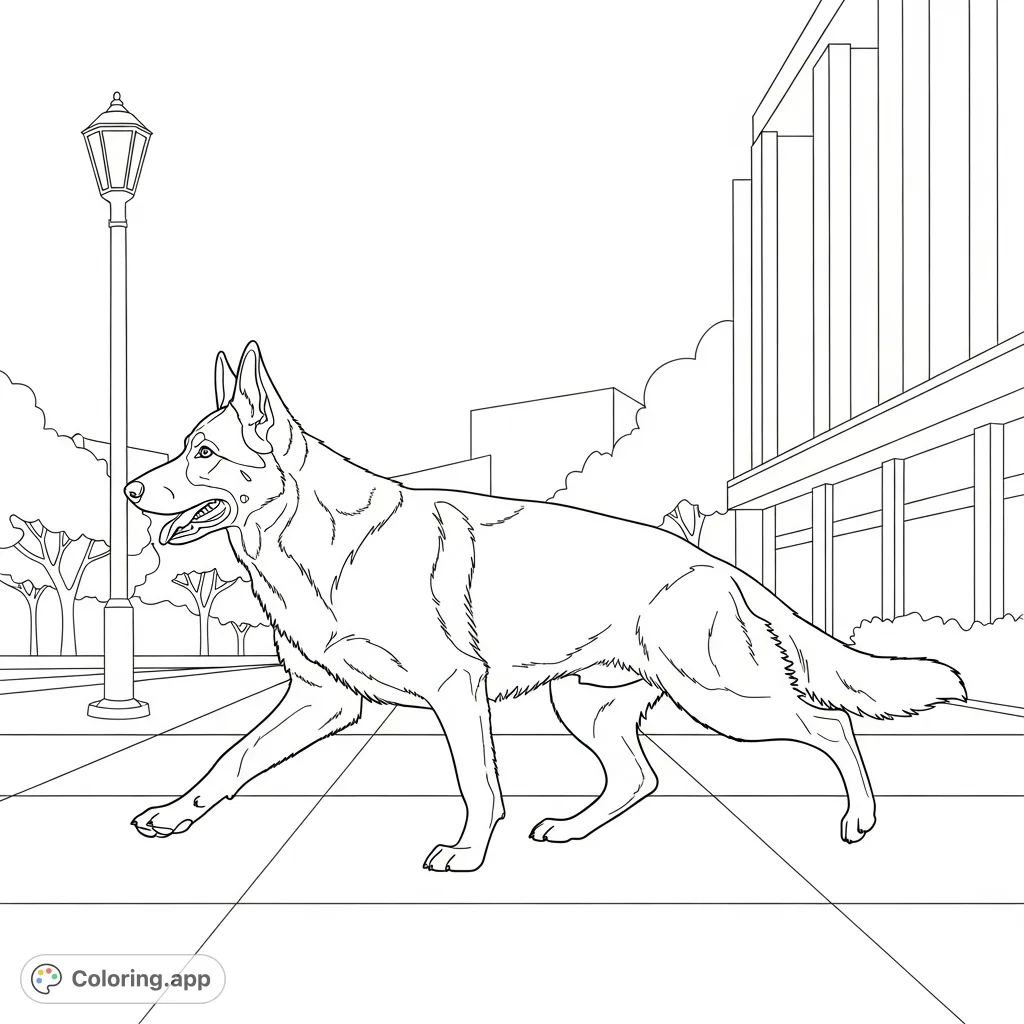 A majestic German shepherd trots along a city sidewalk, surrounded by simplified urban scenery. Perfect for dog lovers and urban scene enthusiasts!