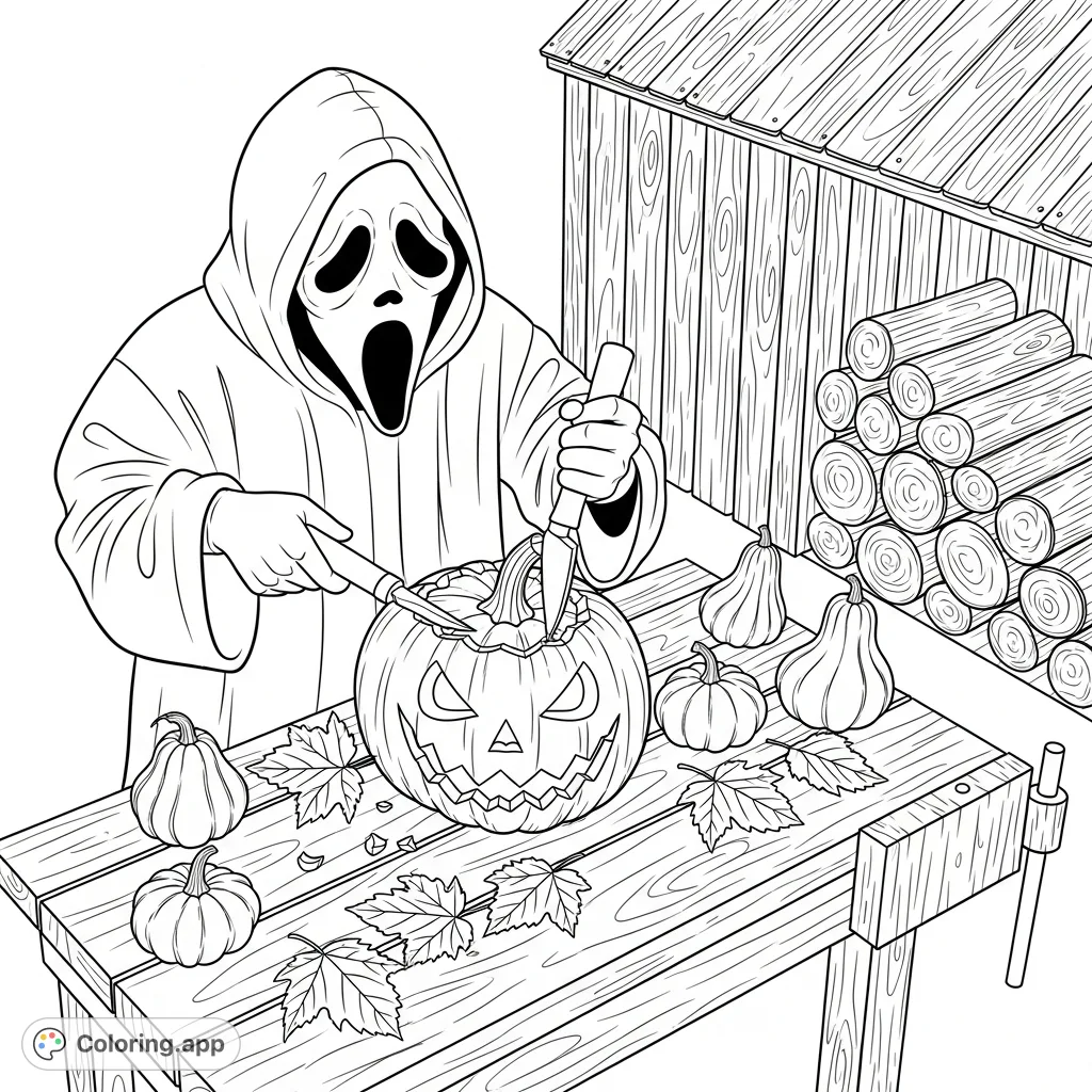 Experience the thrill of Halloween with a Ghostface coloring page. Capture the iconic villain carving a jack-o'-lantern amidst rustic autumn decor.