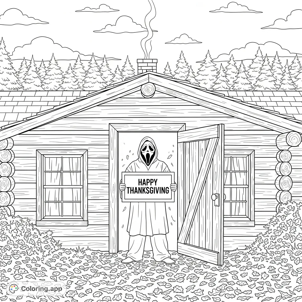 A quirky Thanksgiving Ghostface coloring page featuring the iconic figure holding a 'HAPPY THANKSGIVING' sign at a log cabin, surrounded by autumn leaves.