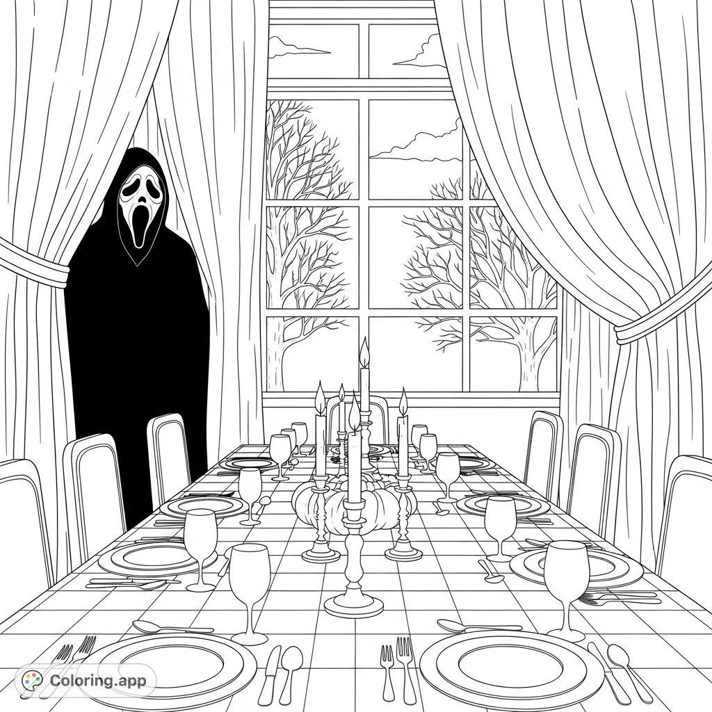 Ghostface lurks in a grand dining room, observing a meticulously set Thanksgiving dinner table. An ominous scene for horror fans.