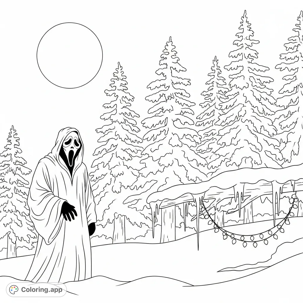 Ghostface stands ominously in a snow-laden forest under a full moon, with subtle twinkling lights adding a chilling contrast to the winter scene.