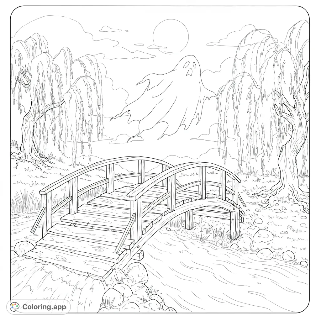 A friendly ghost floats over a rustic wooden bridge, framed by weeping willows under a full moon. A charming, spooky scene perfect for a Halloween coloring page.