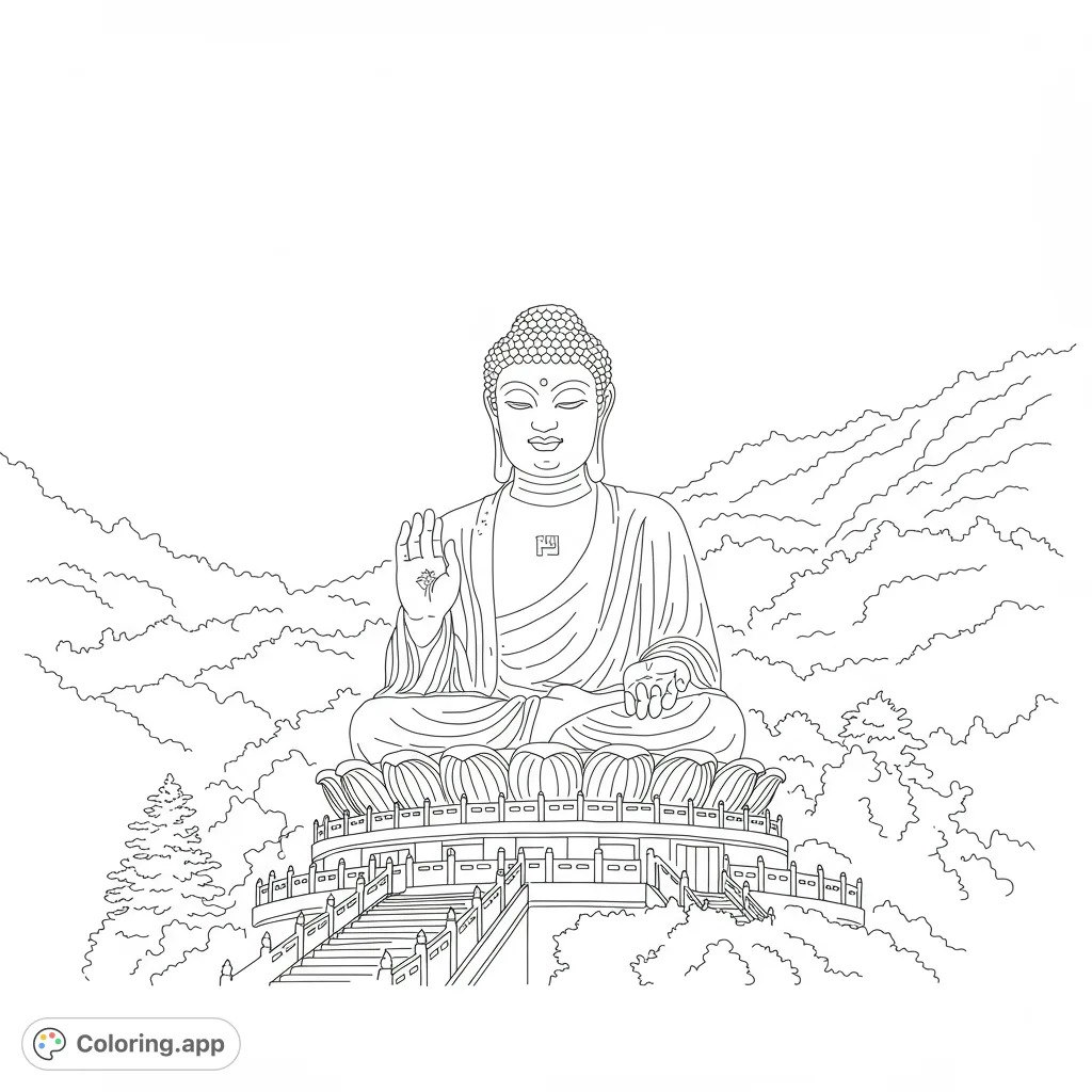 A majestic Buddha statue sits serenely on a lotus base atop a grand platform, surrounded by rolling mountains. A peaceful, spiritual Buddha coloring page for adults.