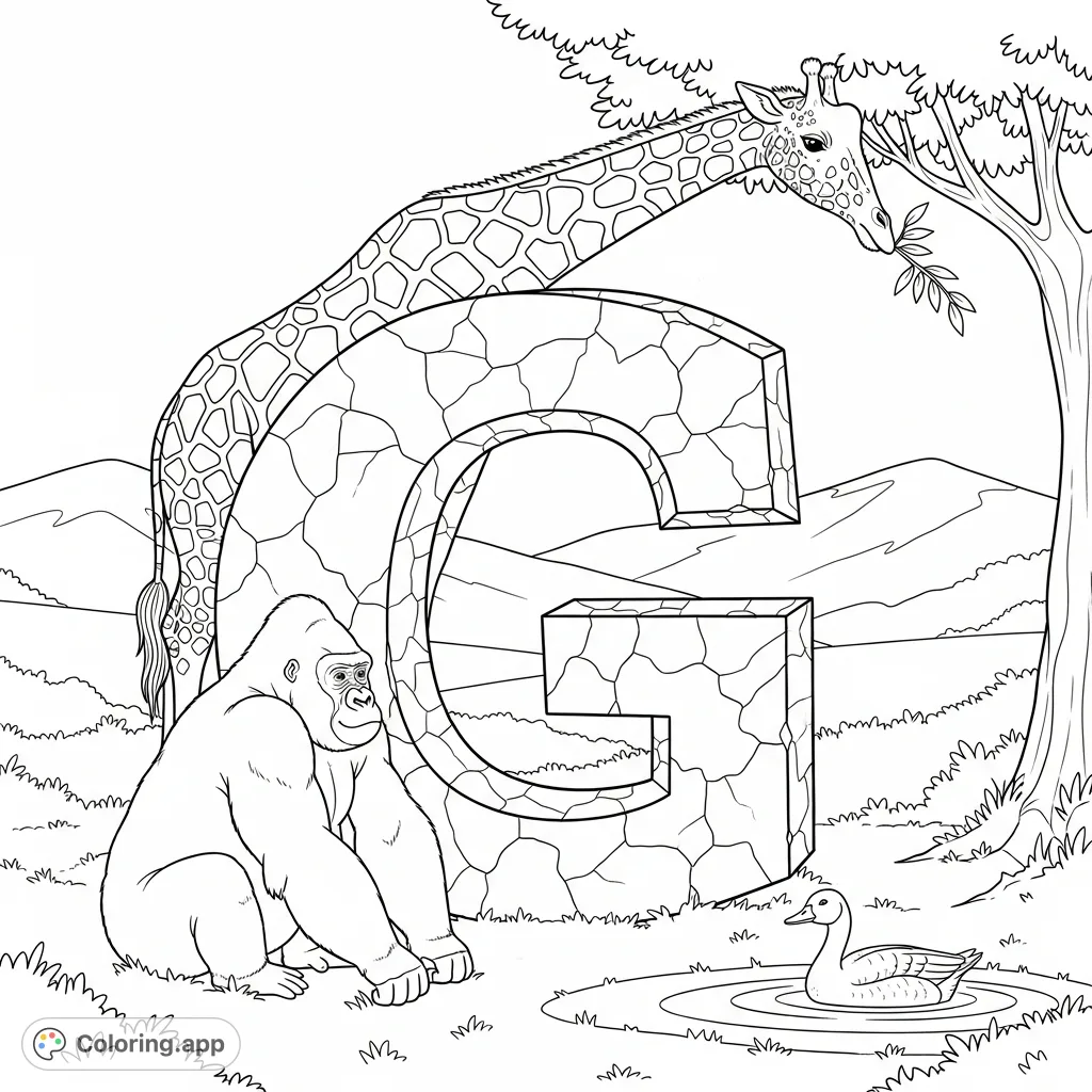 A giant stone letter G features a towering giraffe, a contemplative gorilla, and a serene goose in a lush field, offering an engaging G-themed coloring adventure for all ages.