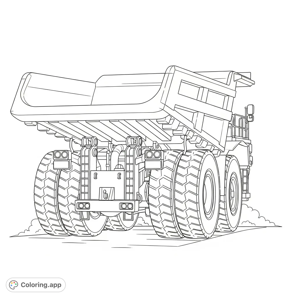 Explore a mighty mining haul truck from the rear, showcasing its immense dump body, massive wheels, and simplified suspension. A powerful vehicle ready for action.