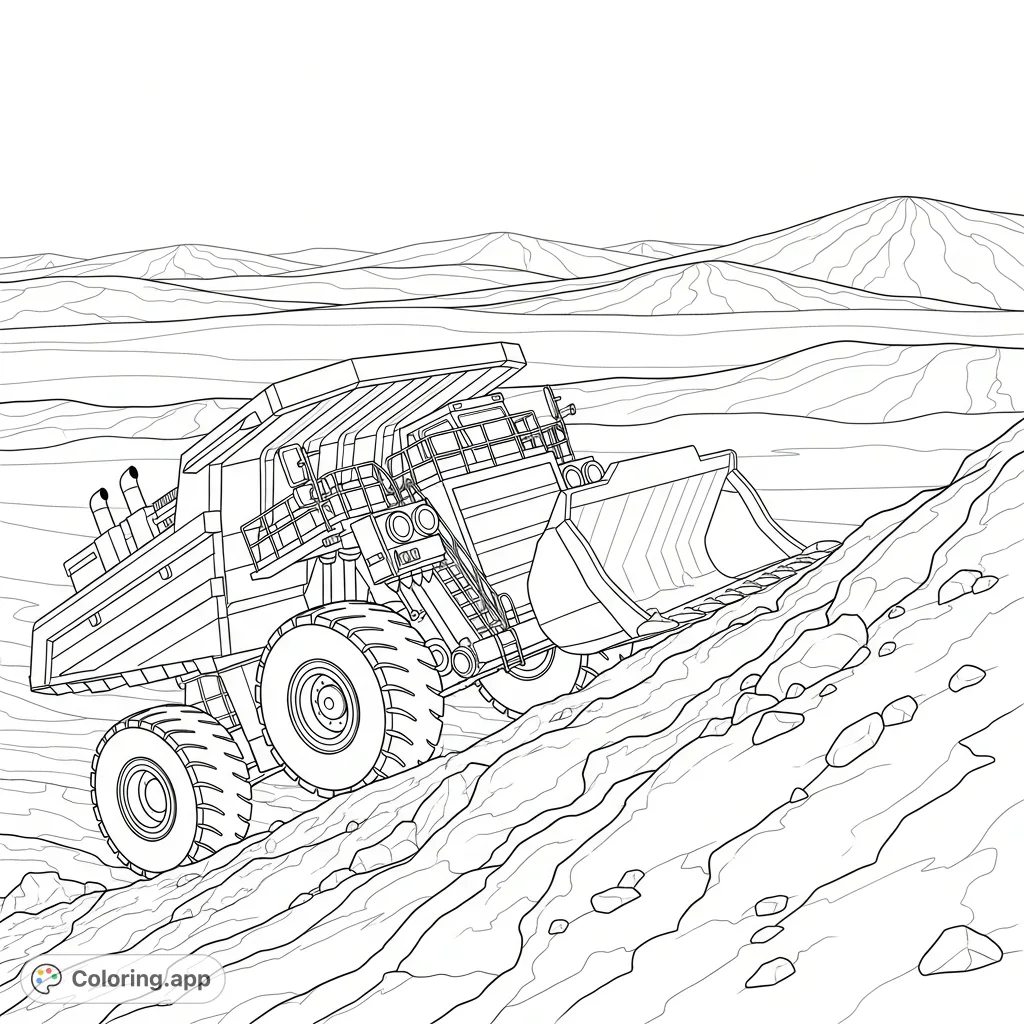 A massive mining hauler crests a rugged ridge, its impressive scale dominating the foreground. Distant, stark hills rise under a vast sky, creating a powerful industrial landscape.