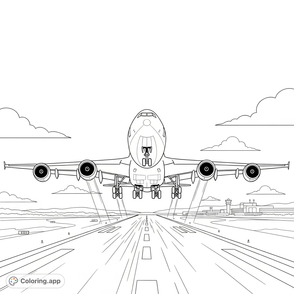 A detailed coloring page depicting a large passenger airplane in the thrilling moment of takeoff from a runway, with airport infrastructure in the background.