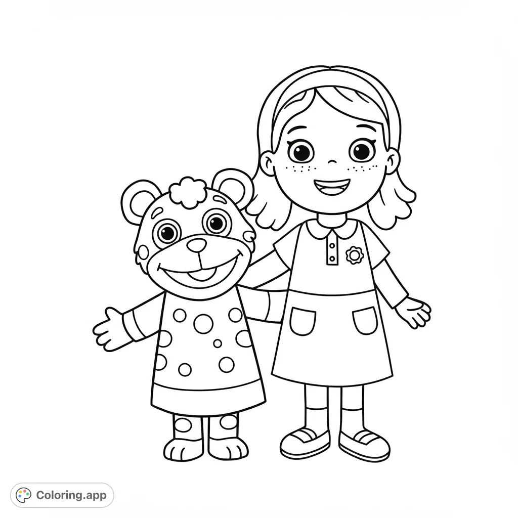 A delightful friendship coloring page featuring a smiling girl and her cheerful teddy bear, perfect for kids to bring to life with vibrant colors.