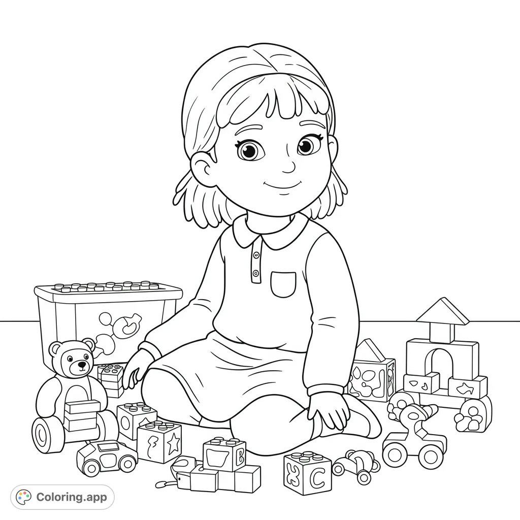A delightful girl surrounded by various toys, including blocks, a teddy bear, and cars. A fun and engaging free printable playtime coloring page for kids.