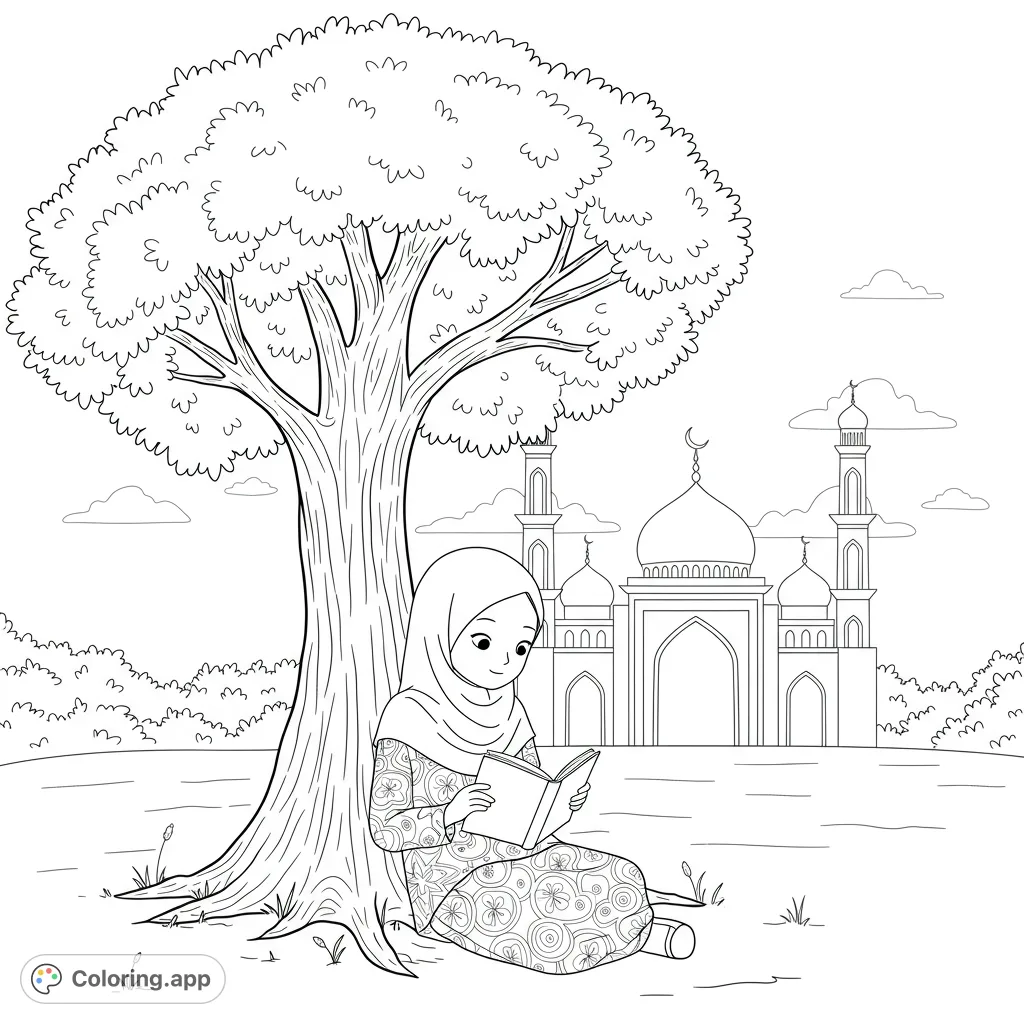 A peaceful scene of a girl reading under a large tree with a beautiful mosque in the background. A serene Islamic coloring page.