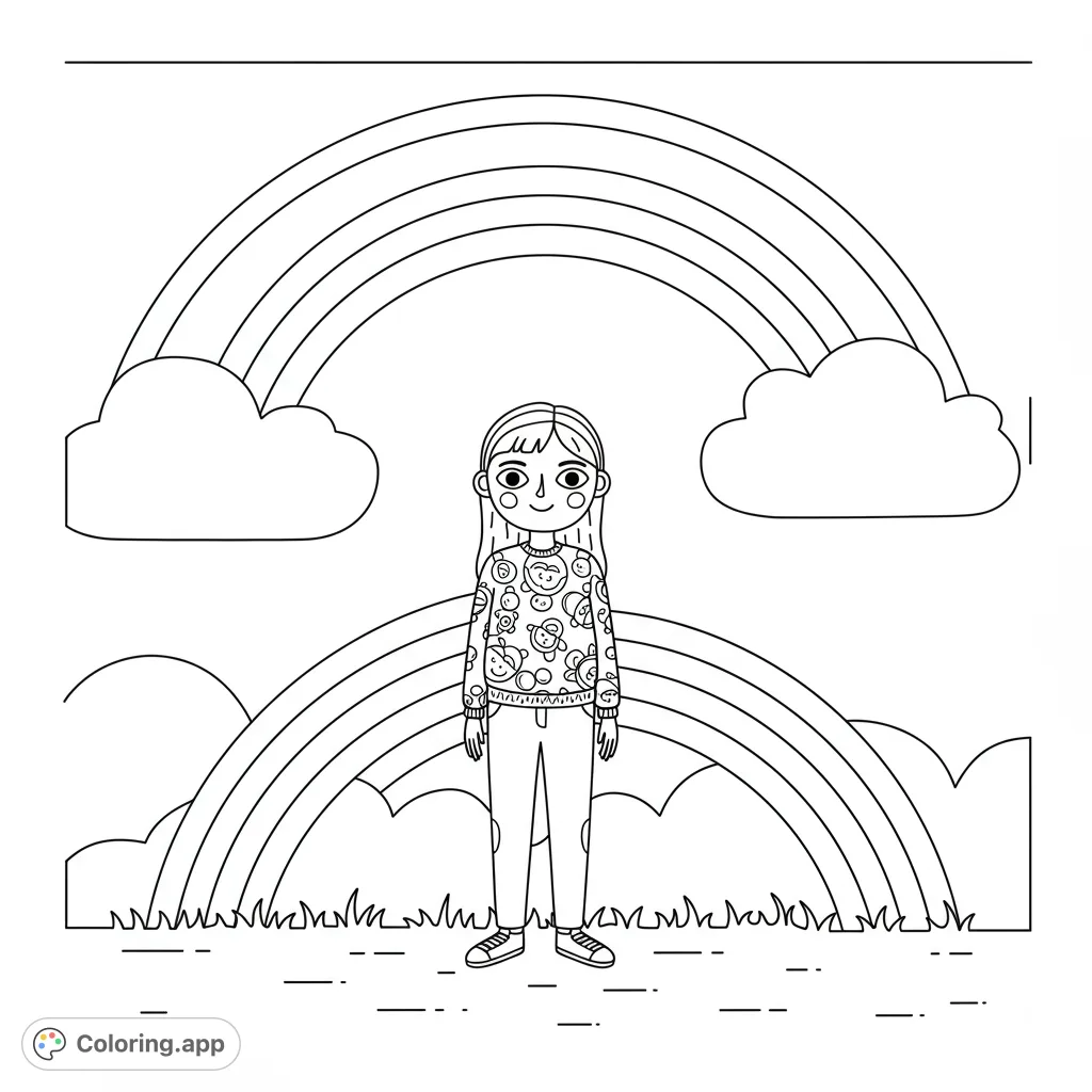 A cheerful girl stands beneath two vibrant rainbows and fluffy clouds, ready for a burst of color. A delightful free printable coloring page for kids!