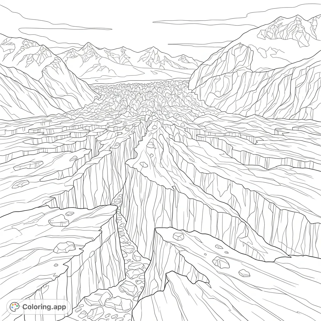 An awe-inspiring glacier scene featuring massive fractured ice formations in the foreground, with majestic, snow-capped mountains towering in the distance under an expansive sky.