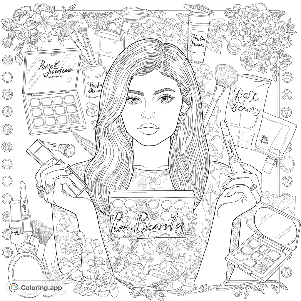 A stunning beauty portrait surrounded by intricate makeup items and lush floral designs. Perfect for fashion and beauty enthusiasts to personalize.