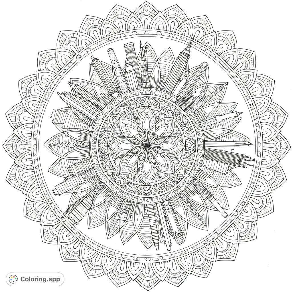 An intricate cityscape mandala coloring page featuring iconic skyscrapers encircled by detailed floral and geometric patterns. A free printable coloring page for all ages.