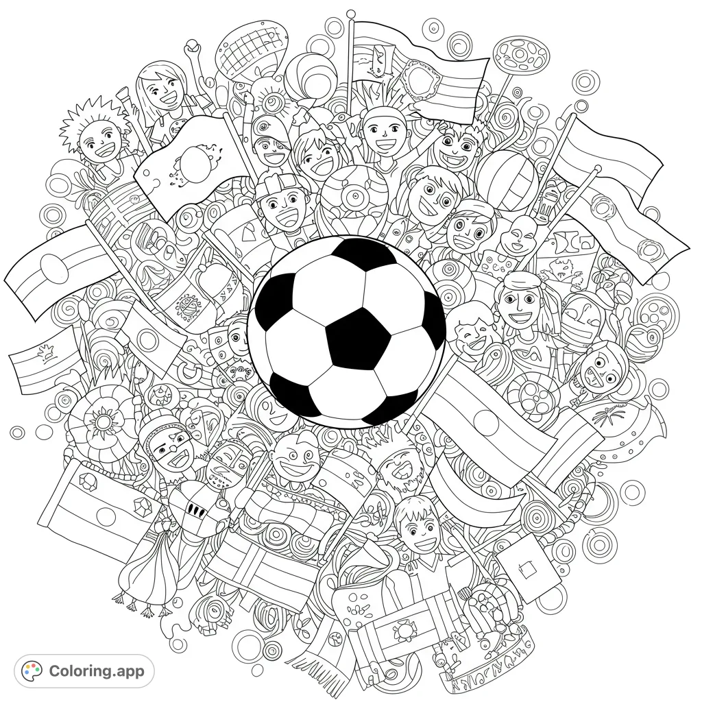 Celebrate global unity with this free printable soccer celebration coloring page! Features diverse cheering kids, national flags, and a central soccer ball.