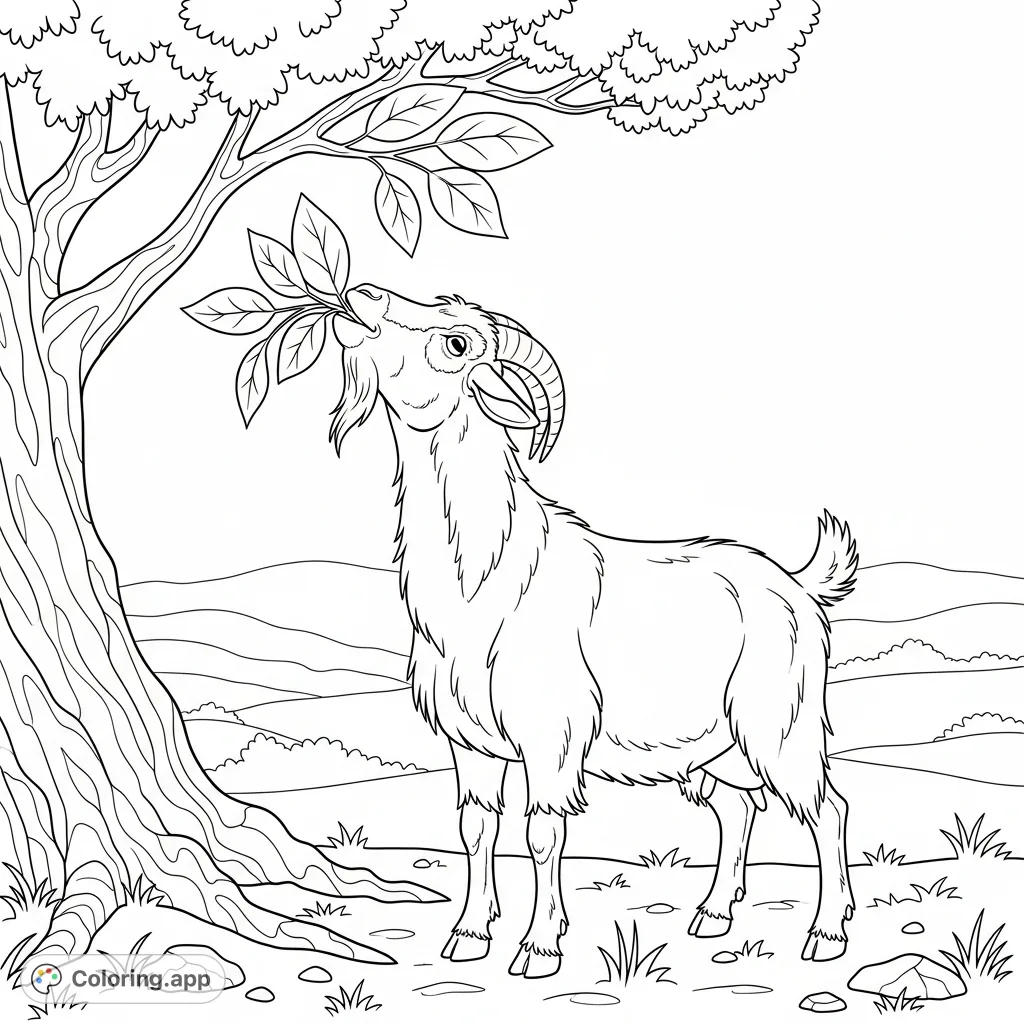 Color a charming scene featuring a shaggy goat enjoying a leafy snack from a low tree branch. A peaceful nature design perfect for all ages.