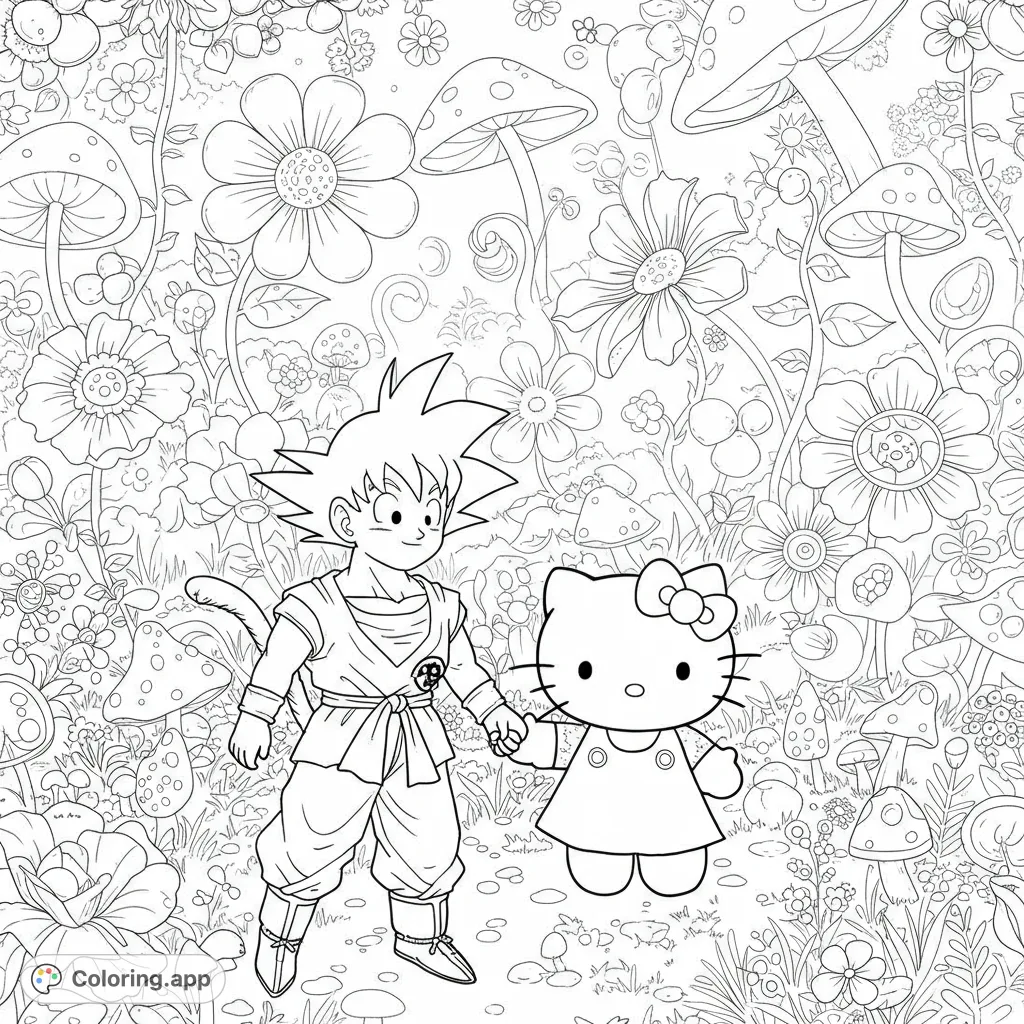 Join Goku and Hello Kitty in a whimsical garden adventure! This free printable coloring page features beloved characters amidst flowers and mushrooms, perfect for kids and adults.