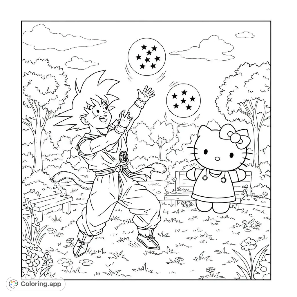 An exciting anime crossover coloring page featuring Goku and Hello Kitty in a vibrant park, with Dragon Balls floating nearby. Fun for all ages!