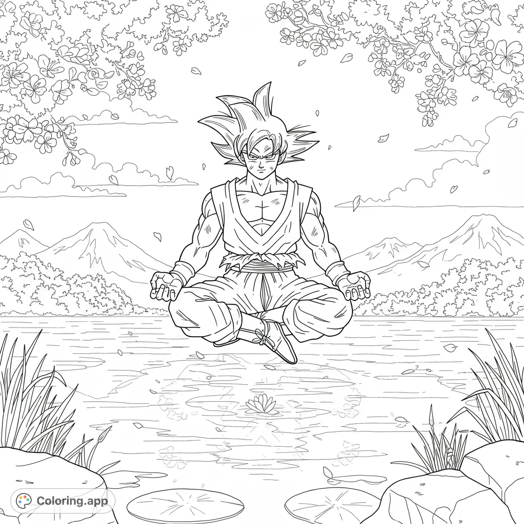 A peaceful Goku meditation coloring page featuring the iconic Saiyan floating over a serene lake with cherry blossoms and mountains. Free printable coloring page for fans.