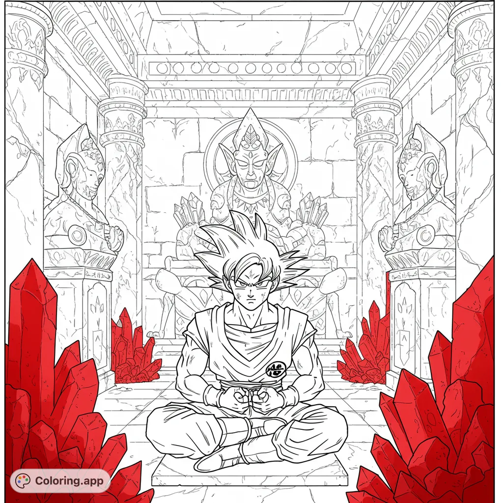 A powerful anime hero meditates in a mystical temple, surrounded by ancient statues and glowing crystals. A detailed free printable coloring page for fans.
