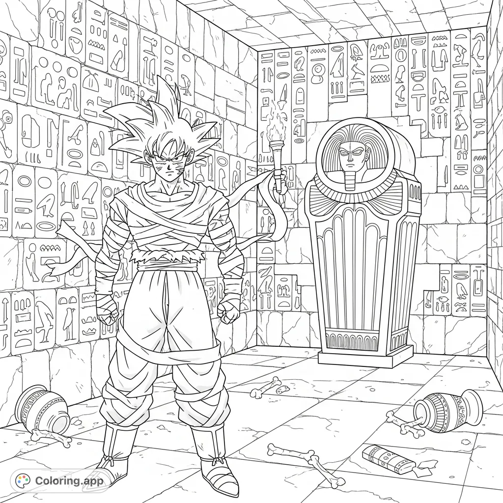 Join Goku, wrapped as a mummy, exploring an ancient crypt filled with hieroglyphs, scattered bones, and a mysterious sarcophagus. A thrilling adventure!
