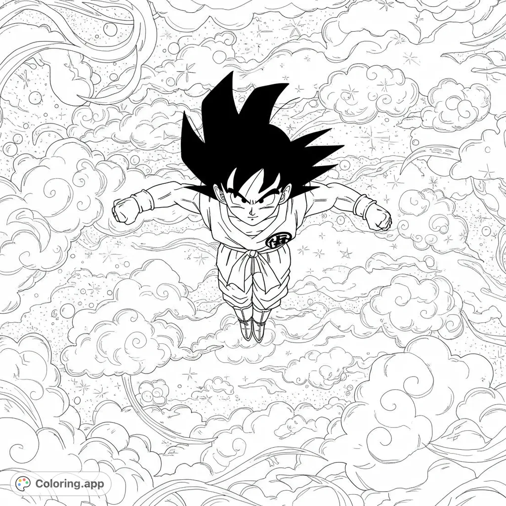 An epic anime hero, Goku, flies through a sky full of swirling clouds and stars. A dynamic free printable coloring page for fans of all ages.