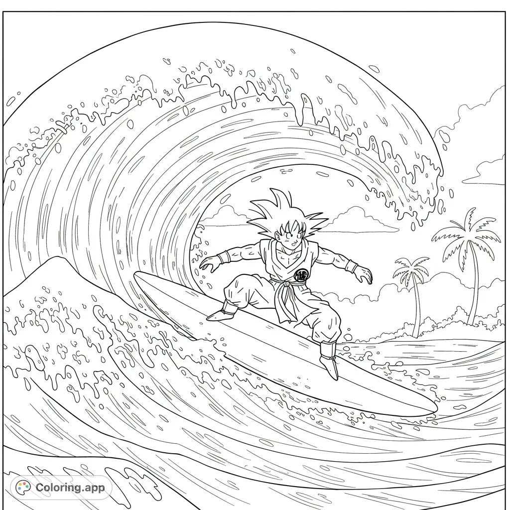 Dynamic Goku surfing a massive wave with a tropical beach background. An action-packed anime coloring page for fans of all ages!