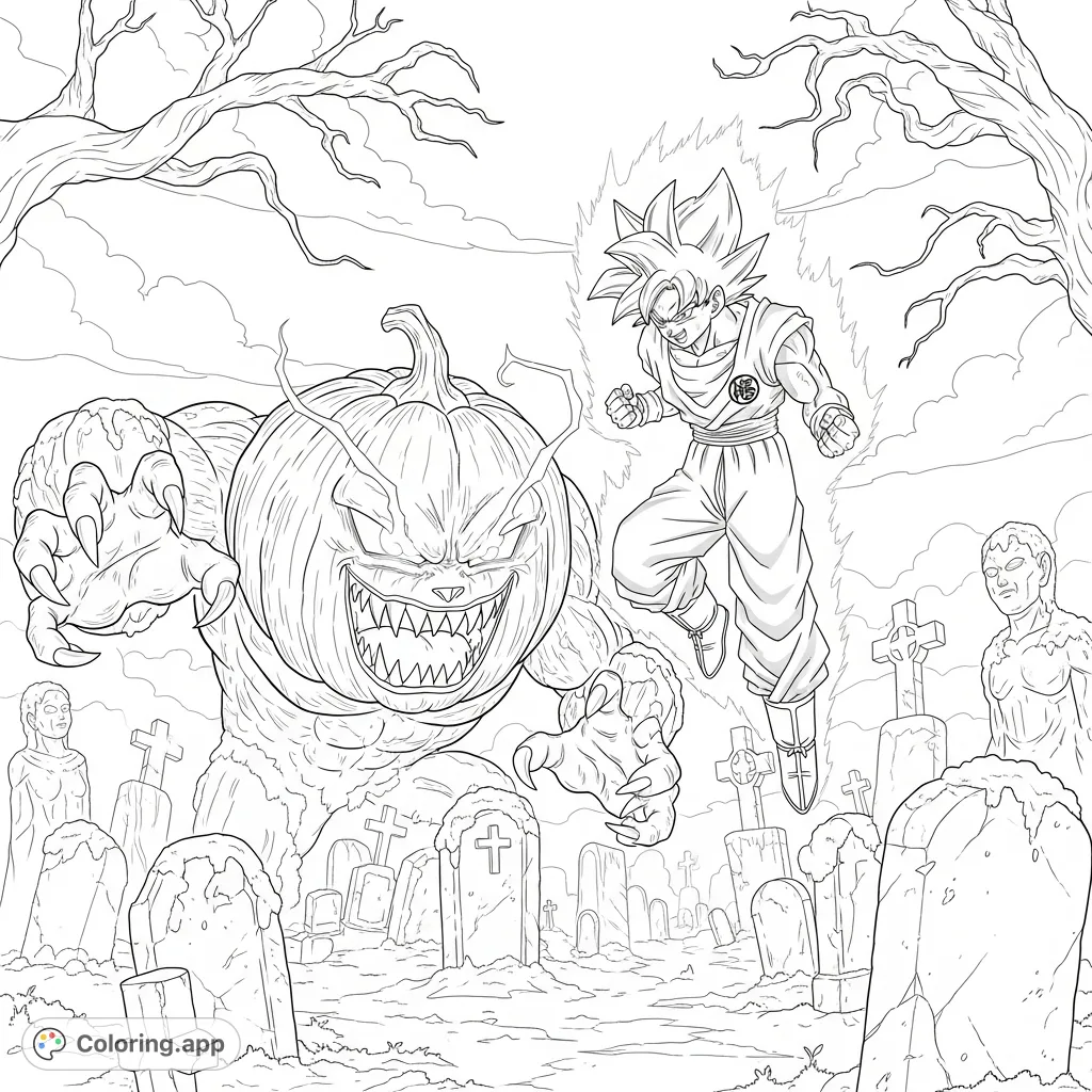 An epic Goku Super Saiyan coloring page featuring Goku battling a menacing pumpkin monster in a misty graveyard. A dynamic scene for Dragon Ball fans.