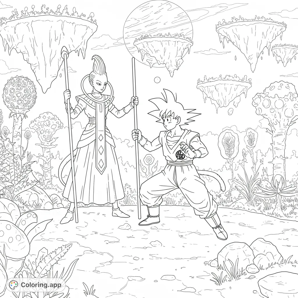 Dynamic Goku and Whis in an alien landscape with floating islands. A challenging anime-style coloring page for fans of all ages.