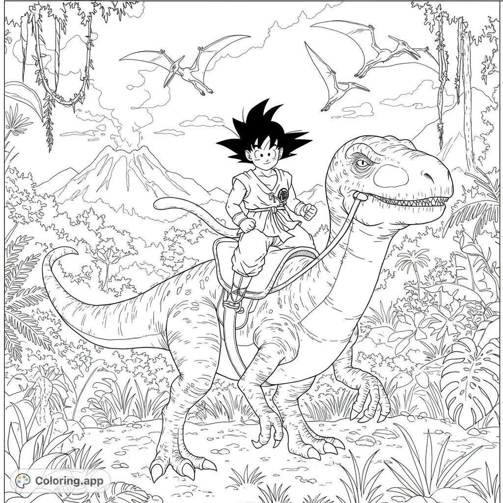 An exciting prehistoric jungle adventure featuring Goku riding a powerful dinosaur, with soaring pterodactyls and erupting volcanoes. A thrilling free printable coloring page!