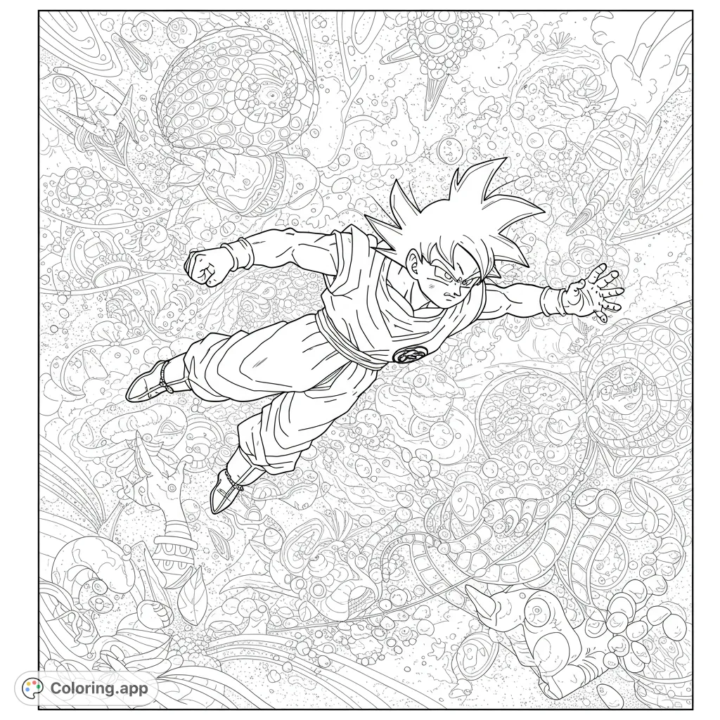 Unleash your power with this dynamic Goku coloring page! Featuring the iconic hero amidst an intricate, energetic background. Perfect for anime fans.