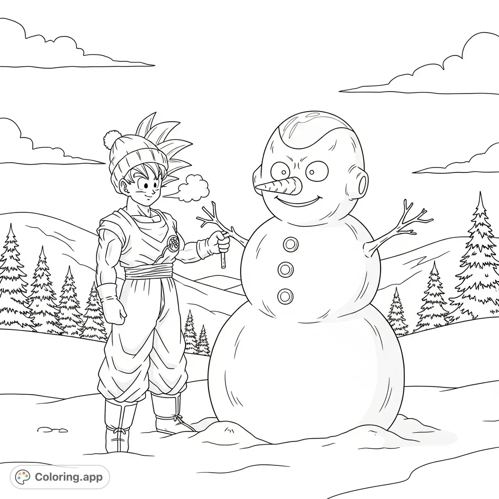 Join Goku as he adds final touches to a playful snowman resembling Frieza, complete with winter accessories. A whimsical Dragon Ball winter scene.