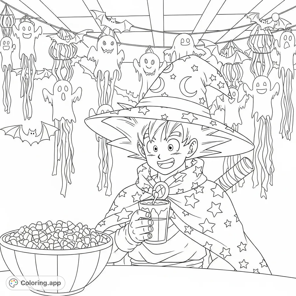 Join Goku in a festive Halloween scene! He wears a wizard hat and star-adorned cloak, surrounded by ghosts, bats, and a bowl of candy corn.