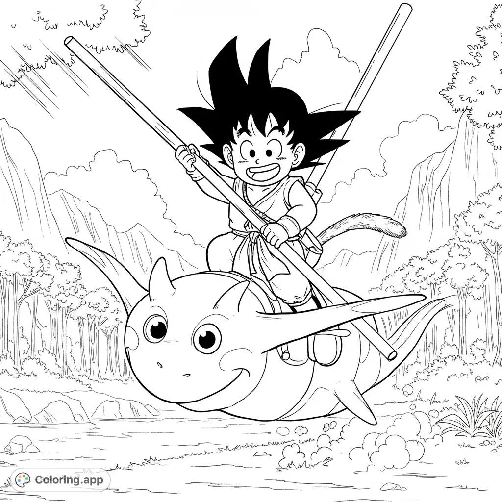 Young Goku joyfully rides his magical flying cloud, Nimbus, across a vibrant landscape with mountains and a river below. An exciting anime adventure!