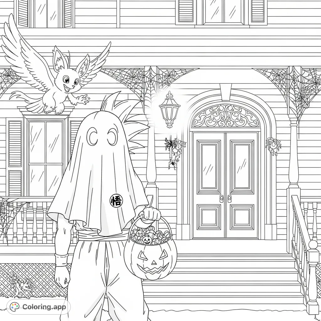 Goku, in a ghost sheet, trick-or-treats at a grand Victorian house. Features a pumpkin candy bucket, spiderwebs, and a friendly bat. Perfect for Halloween fun.