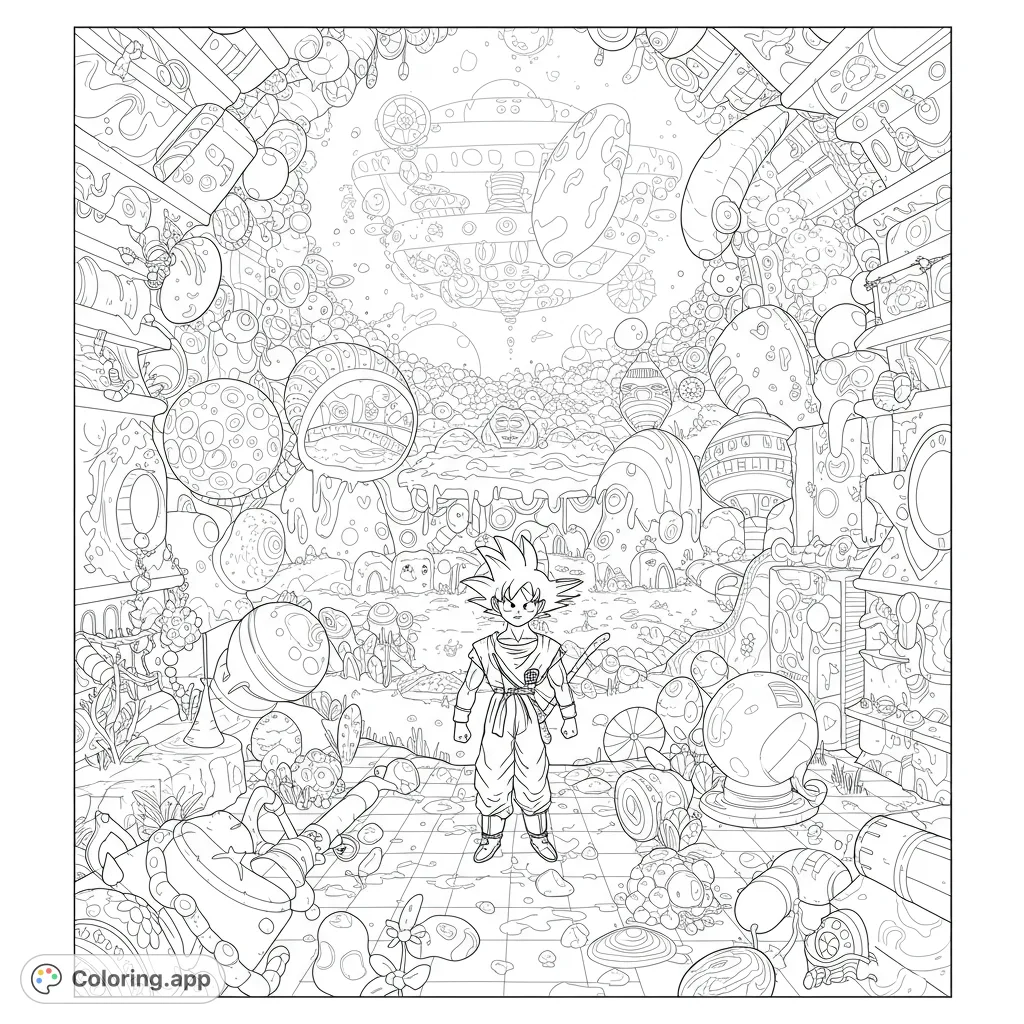 Goku explores a highly detailed, whimsical alien landscape filled with strange structures and floating islands. A complex, free printable coloring page.