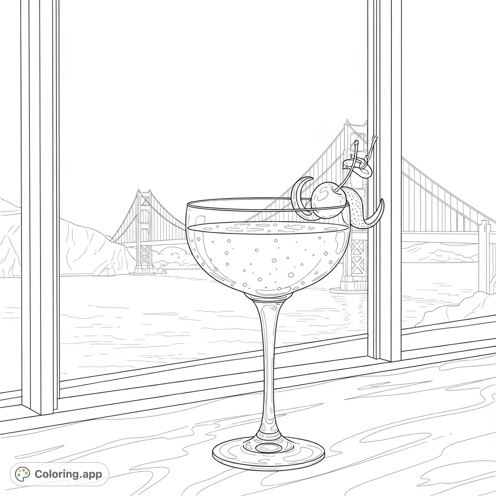 An elegant cocktail with a citrus garnish rests on a polished bar, overlooking the iconic Golden Gate Bridge. A sophisticated scene for detailed coloring.