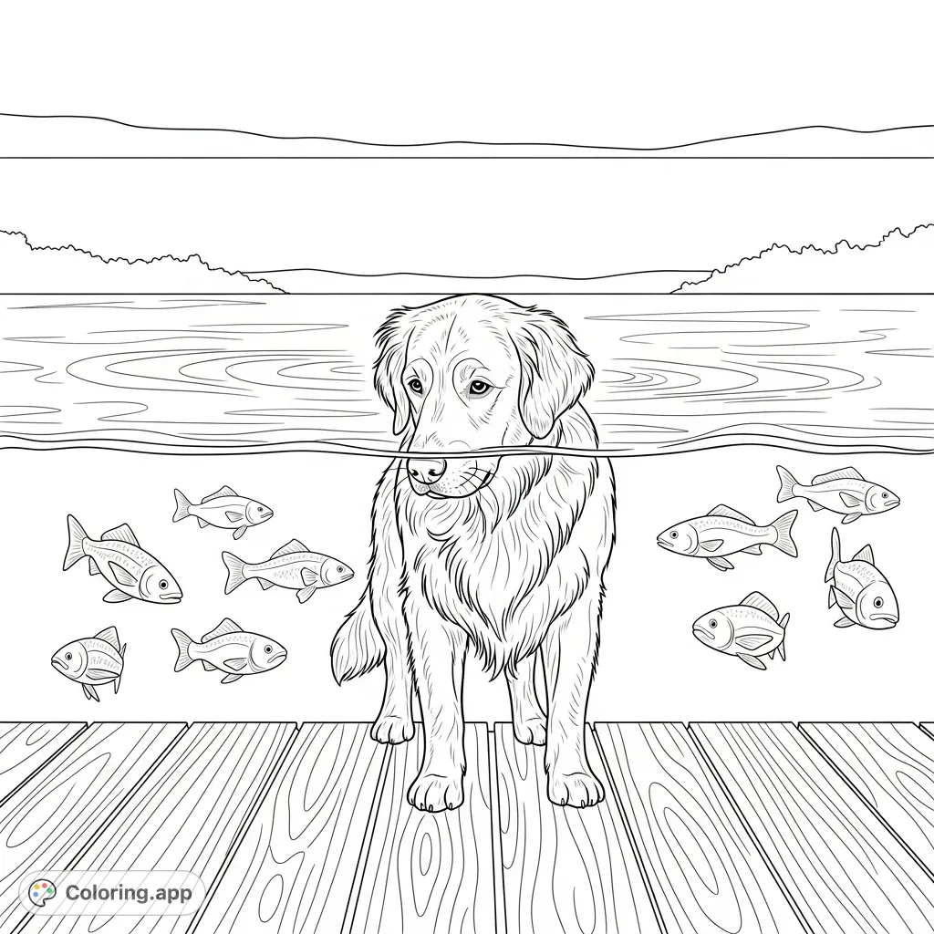 A charming golden retriever gazes intently at fish below a wooden dock. A simplified lake scene offers a tranquil background for this delightful page.