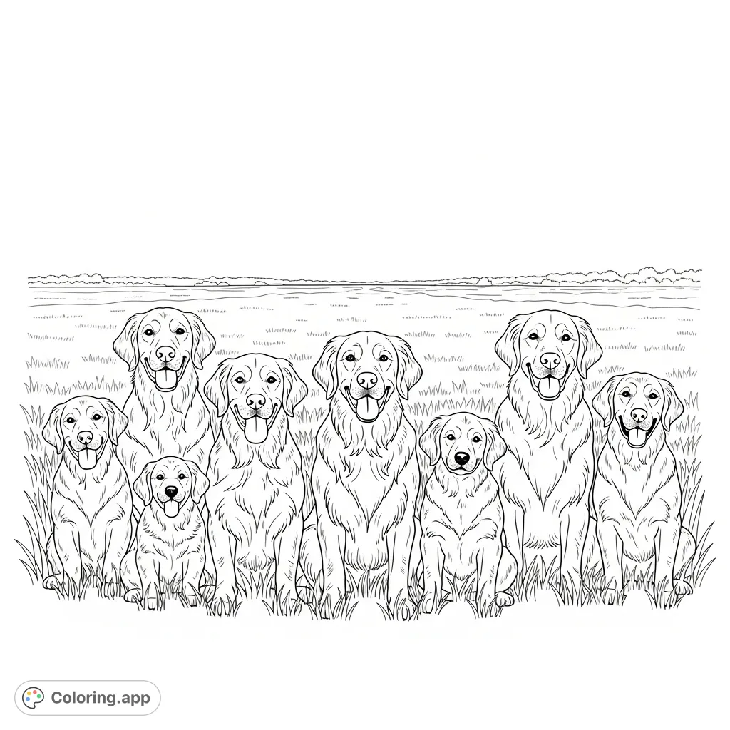 A delightful coloring page featuring a symmetrical group of golden retrievers of various ages sitting in a spacious, grassy field under an open sky.
