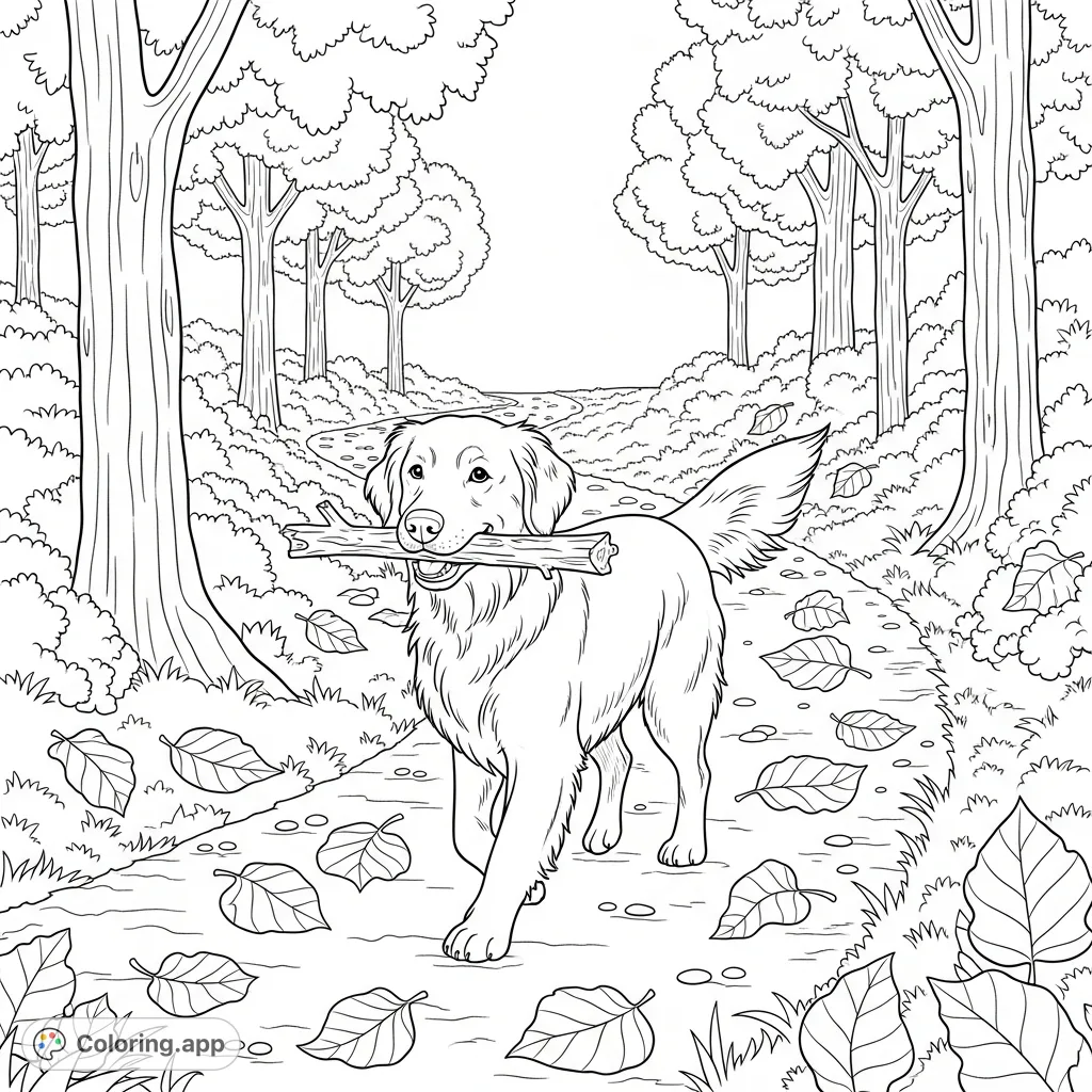 A joyful golden retriever trotting along a forest path, carrying a stick. Fallen leaves are scattered, creating a charming woodland scene.