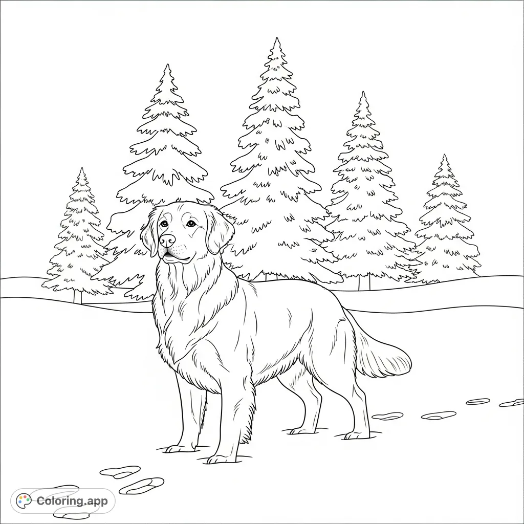 A heartwarming coloring page featuring a cheerful golden retriever standing in a peaceful snowy field with detailed paw prints and tall pine trees in the background.