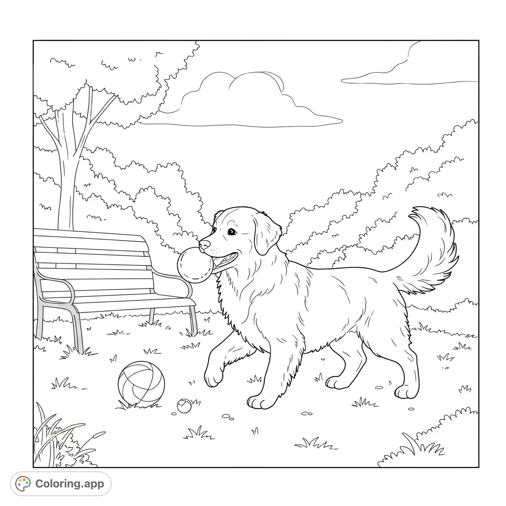 A joyful Golden Retriever plays fetch in a park, ball in mouth, surrounded by a bench, trees, and clouds. A delightful free printable dog coloring page.