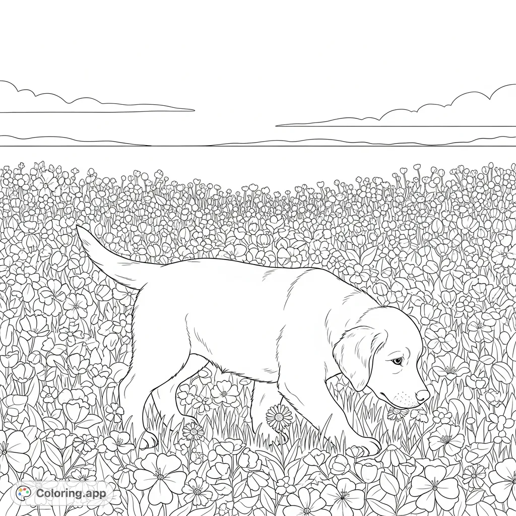 A delightful coloring page featuring a golden retriever puppy exploring a vibrant field of flowers under an open sky. Perfect for all ages!