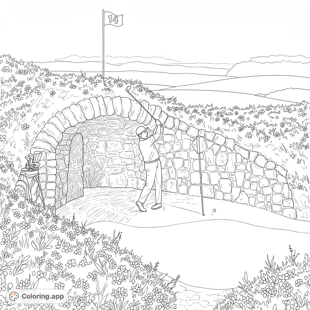 A dynamic golf coloring page featuring a golfer mid-swing on a scenic course with a stone archway, flag, and lush landscape.